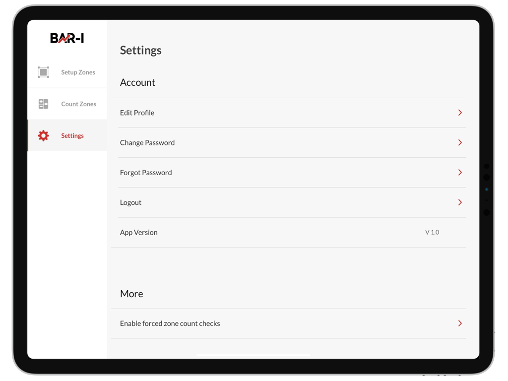 Einstellungen-Bildschirm der Bar-i Bar-Inventur-App auf einem iPad mit Konto- und Konfigurationsoptionen