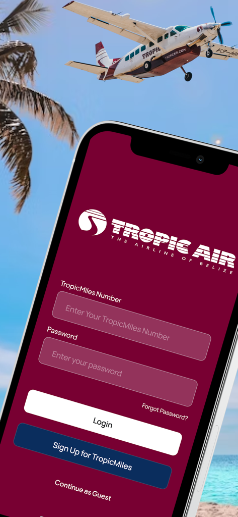 Ecrã de login da app móvel Tropic Air com início de sessão TropicMiles e um fundo de praia tropical com um avião