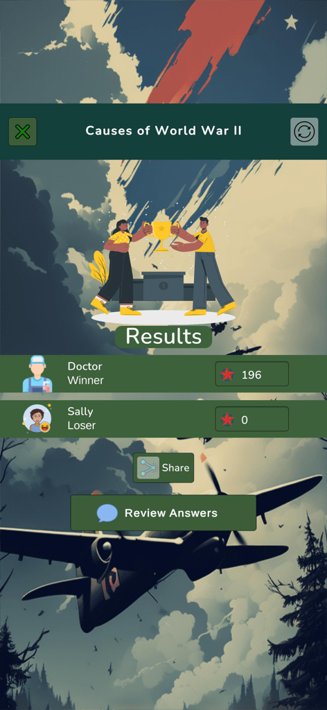 World War 2 Knowledge Quiz - Un écran de résultats de l'application Quiz de connaissances sur la Seconde Guerre mondiale montrant les scores de deux joueurs avec l'annonce du vainqueur.