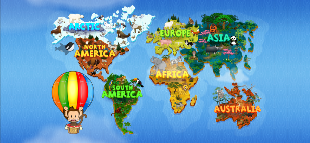 Monkey Preschool Animals - Colorful world map showing continents and animals with Milo the monkey in a hot air balloon.