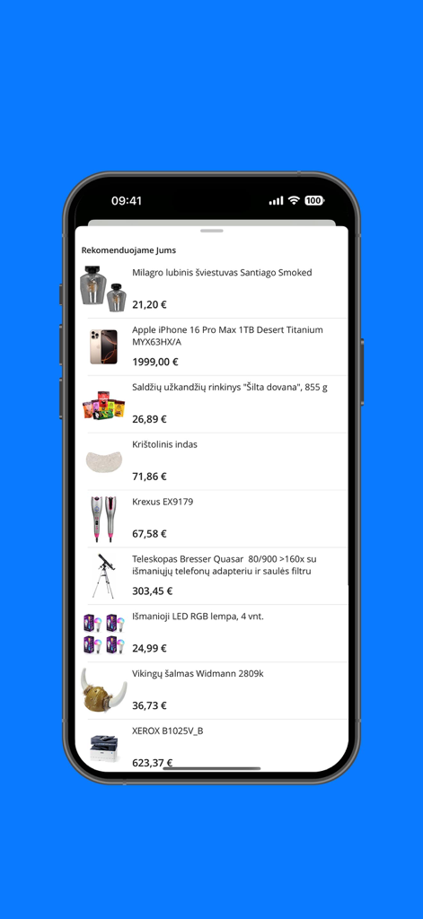 Pigu.lt - mobilioji parduotuvė - Pigu.lt mobile app interface showing a list of personalized product recommendations with prices