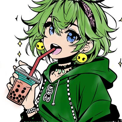 hot baddie anime girl drinking boba and biting the straw