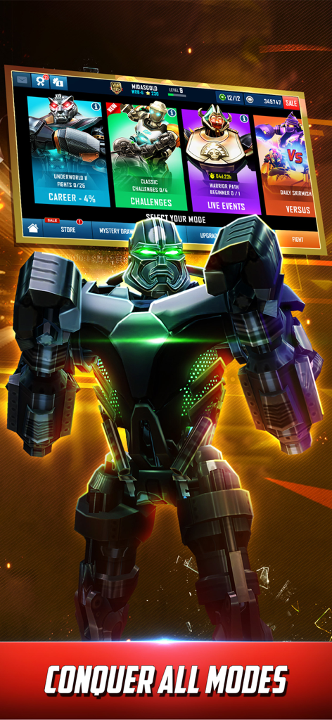 World Robot Boxing - Un robot gigante de pie frente al menú de selección de modos de juego que incluye Carrera y Versus en World Robot Boxing