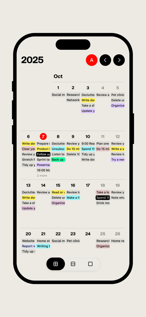 Captura de pantalla de la vista de calendario mensual de la aplicación Tweek con diseño minimalista y tareas codificadas por colores