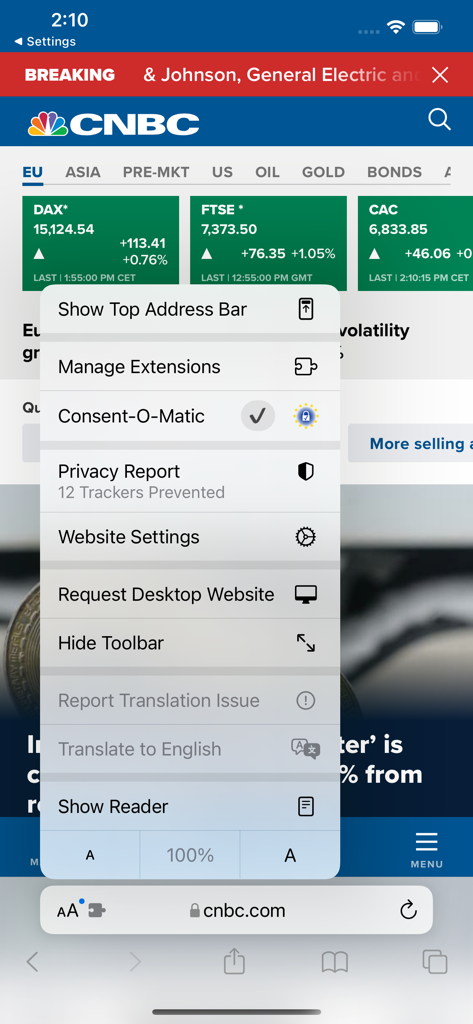Consent-O-Matic privacy extension active in the Safari browser menu on an iPhone