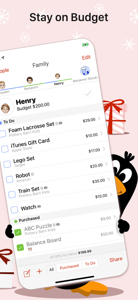 The Christmas List - A mobile app interface for tracking Christmas gift lists and staying on budget