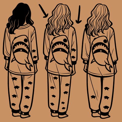 shark themed pajamas on a women