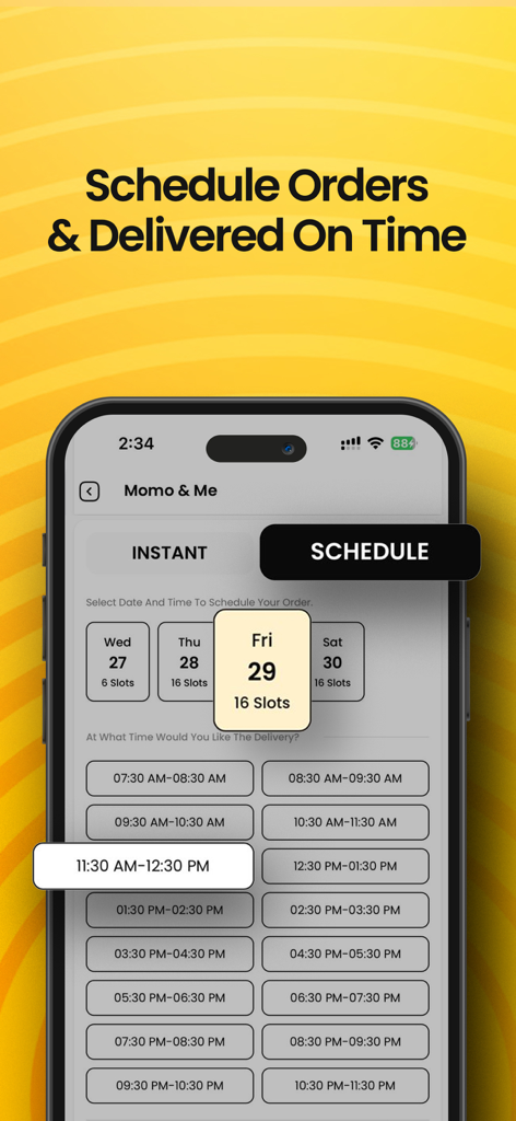 Mobile app screen showing the Eatiko interface for scheduling food delivery orders with date and time slot options.