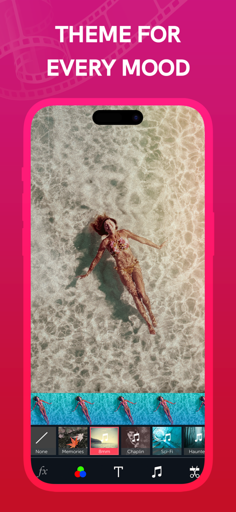 Vizmato: Video Editor & Maker - Interface of the Vizmato app showing a video of a woman floating in water with the 8mm theme applied and other mood-based filters available below.