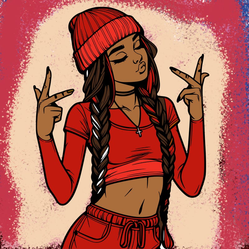 realistic teenage girl with braids and a beanie and crop top doing 🫶🏼