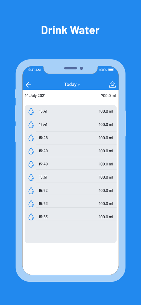 Interface of a water tracking app showing a list of daily drink entries with timestamps and ml volumes.