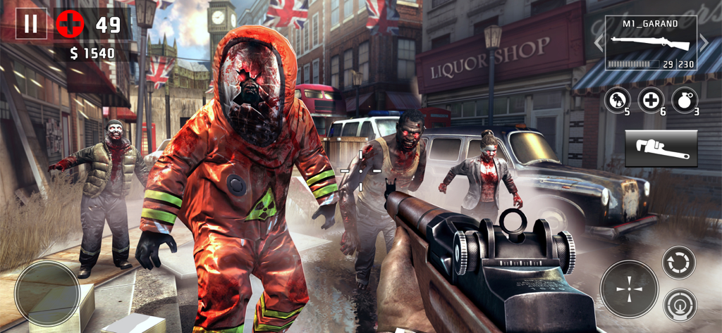 DEAD TRIGGER 2: Zombie Games - Vista en primera persona de un jugador apuntando con un M1 Garand a zombis en una calle de Londres en Dead Trigger 2.