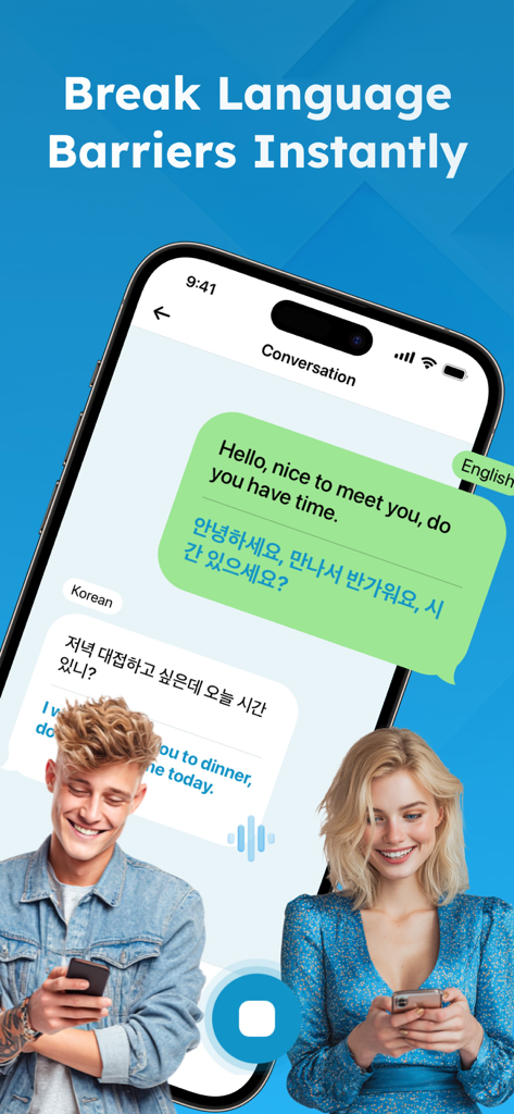 Interface of Live Talk Translator app showing a real-time voice conversation between English and Korean speakers.