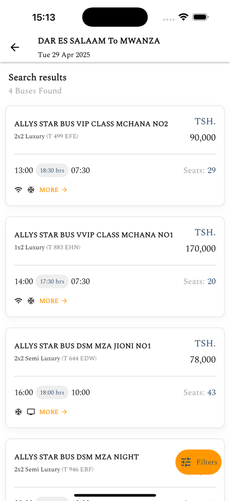 Allys Star Bus - Bus-Suchergebnisse für eine Reise von Daressalam nach Mwanza, die verschiedene Busklassen, Preise und Annehmlichkeiten zeigen.