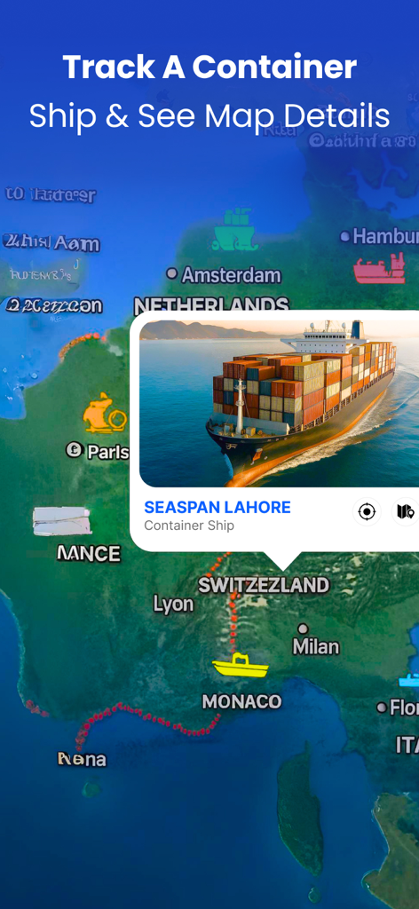 Ship tracking app interface showing live map and container ship details for Seaspan Lahore