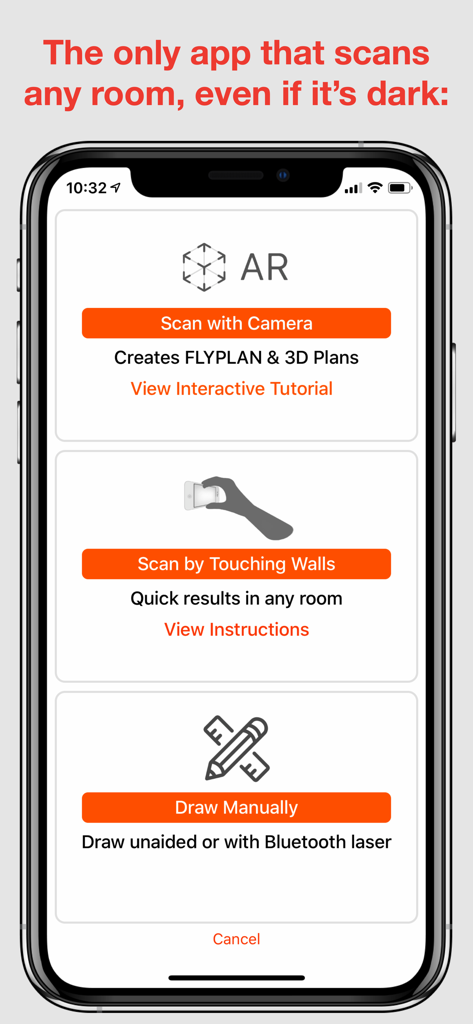 RoomScan Classic - Interface do aplicativo RoomScan Classic mostrando opções de digitalização de planta baixa, incluindo câmera AR, toque na parede e desenho manual