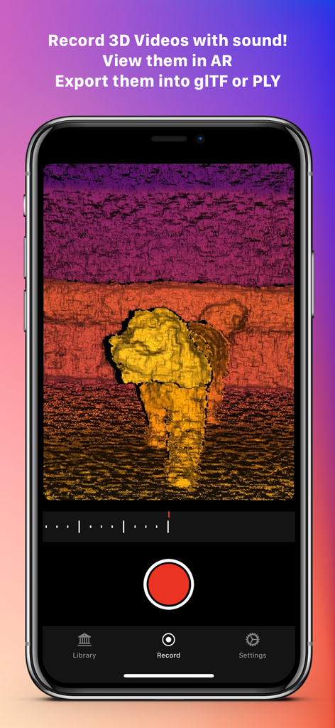Record3D — 3D Videos - Un smartphone mostrando la interfaz de la aplicación Record3D mientras captura un video 3D volumétrico de un perro usando mapeo de profundidad.