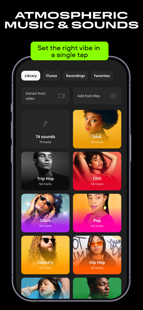 Movavi - Video Editor - A smartphone screen showing the music library in the Movavi app with various genre tiles like soul chill and pop