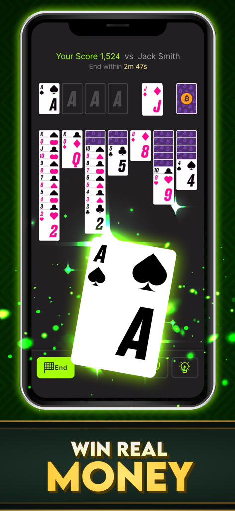 A skill-based solitaire match in the Clinch app where players compete for Bitcoin and cash rewards