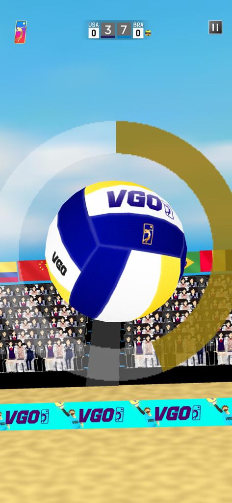 VGO2 - Close-up of a volleyball during a beach volleyball match in the VGO2 mobile simulation game.