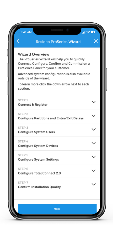 Captura de pantalla del Asistente ProSeries de Resideo en la aplicación AlarmNet 360 que muestra un proceso de configuración de siete pasos para instaladores de seguridad profesionales