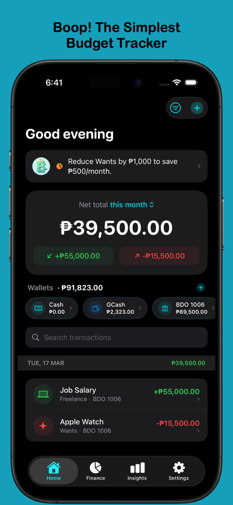 Boop: Budget & Expense Tracker - Boop app home screen showing monthly budget summary, AI financial tips, and multi-wallet management in dark mode.