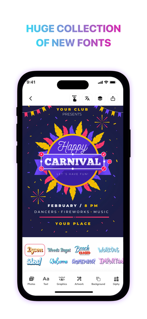 Mobile app interface showing a colorful carnival poster being edited with a large selection of unique fonts