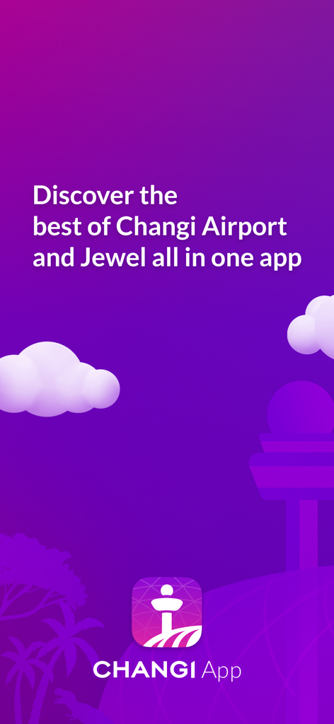 Changi App welcome screen with airport control tower illustration and text discover the best of Changi Airport