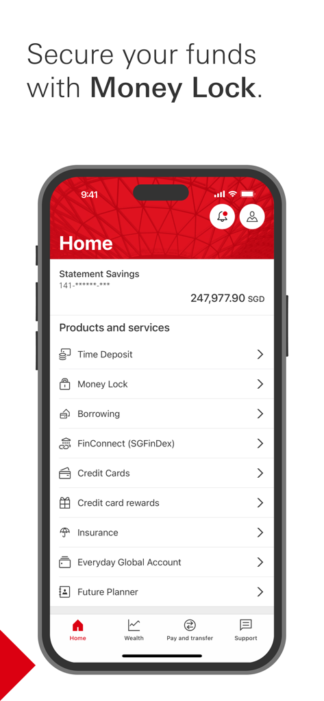 HSBC Singapore - HSBC Singapore app home screen showing account balance and financial services