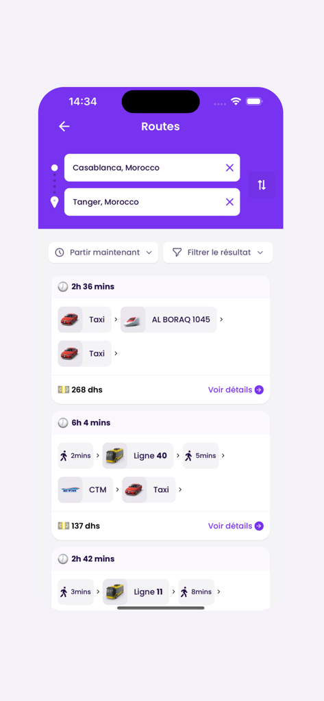 Weego: Move with ease - Weego app interface showing multimodal transportation routes with travel times and prices