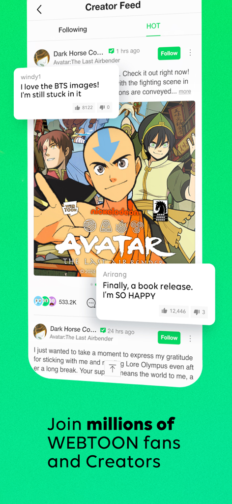 WEBTOON: Manga, Comics, Manhwa - A screenshot of the WEBTOON app Creator Feed featuring Avatar The Last Airbender and user comments.