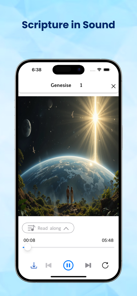 Zulu Bible - Interface of the Zulu Bible app showing an audio player for Genesis chapter one with a creation illustration
