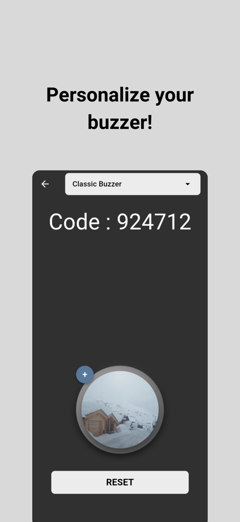 Buzzer connect - Interfaz de la aplicación Buzzer Connect para personalizar un timbre de juego con una foto personalizada y mostrar un código de sala