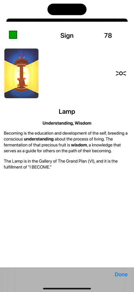 Star Journey - A detailed screen from the Star Journey app showing the Lamp symbol card with keywords Understanding and Wisdom.