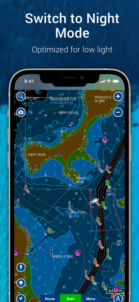 Navionics Boating app showing nautical charts in night mode for low light navigation