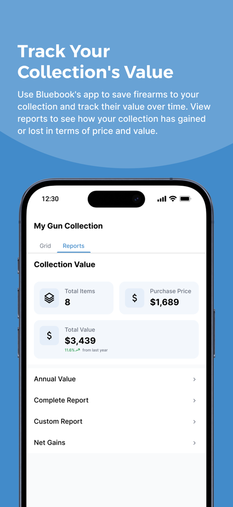 Blue Book of Gun Values app interface showing gun collection value tracking and reports.