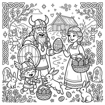 Discover a truly unique Easter celebration with this delightful coloring page featuring cheerful Viking people. Join Norse warriors, a happy family, playful bunnies, and beautifully decorated eggs in a festive spring setting.