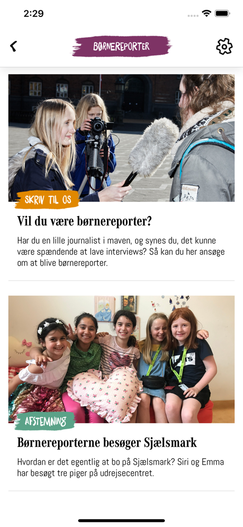 Interface of the Borneavisen app featuring child reporter opportunities and news stories for kids