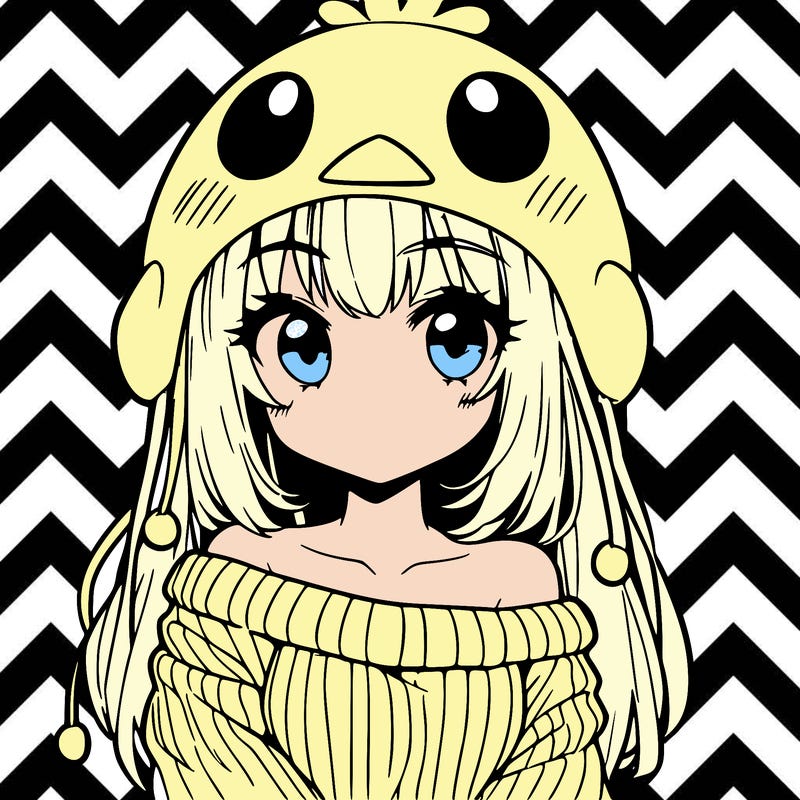 anime girl with chick shaped hat with sweater with bare shoulders with bangs covering them one eye with low tail