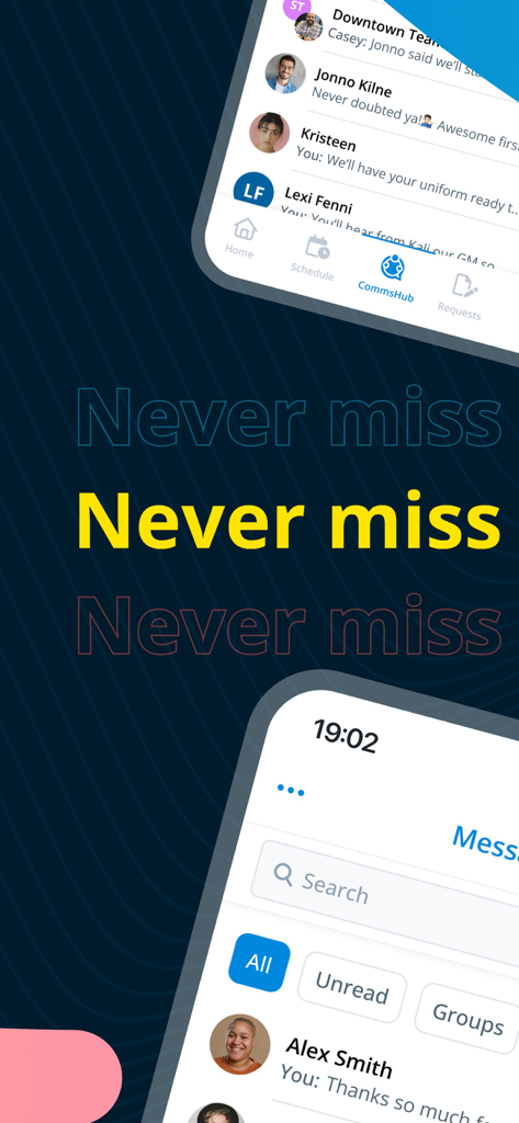 TeamLive app interface showing the team communication hub and messaging features for hospitality workers.