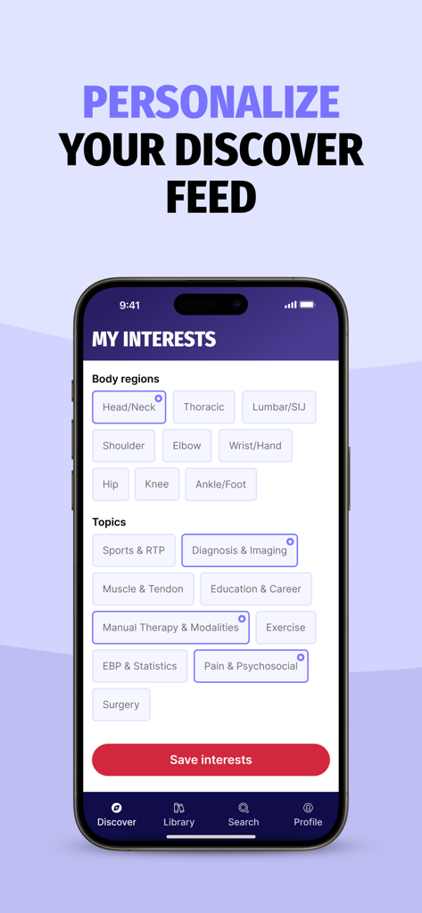 Physiotutors - Physiotutors app screen for personalizing the discover feed by selecting specific body regions and clinical topics