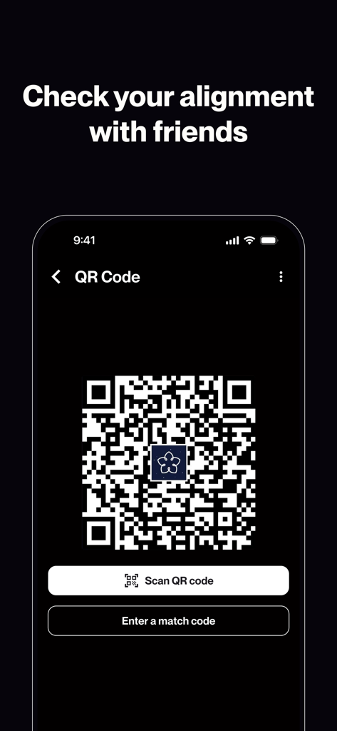 Stars Align - Una pantalla de smartphone de la aplicación Stars Align que muestra un código QR y opciones para escanear un código o introducir un código de coincidencia para comprobar la alineación astrológica con amigos.