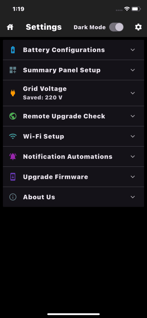 Settings menu of the CEPOWER JKBMS Monitor app showing options for battery configuration and firmware updates.