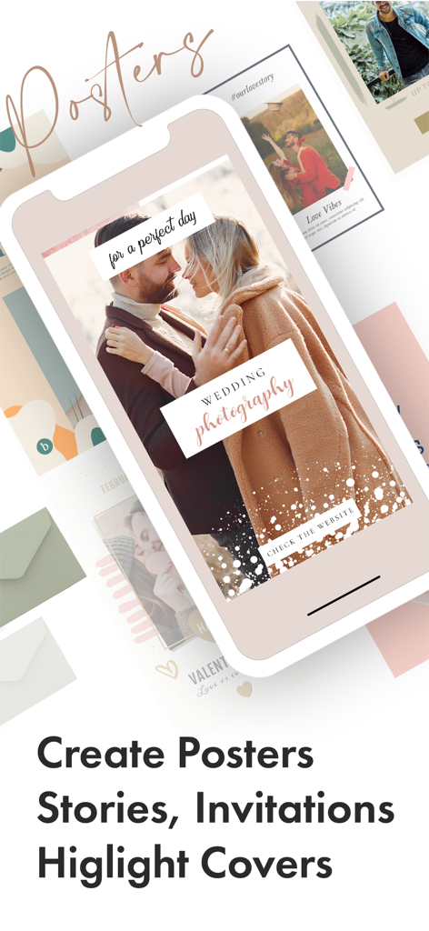 Photo Poster Maker - 結婚式の写真ストーリーのカスタムテキストが可能な写真ポスターメーカーアプリのインターフェース