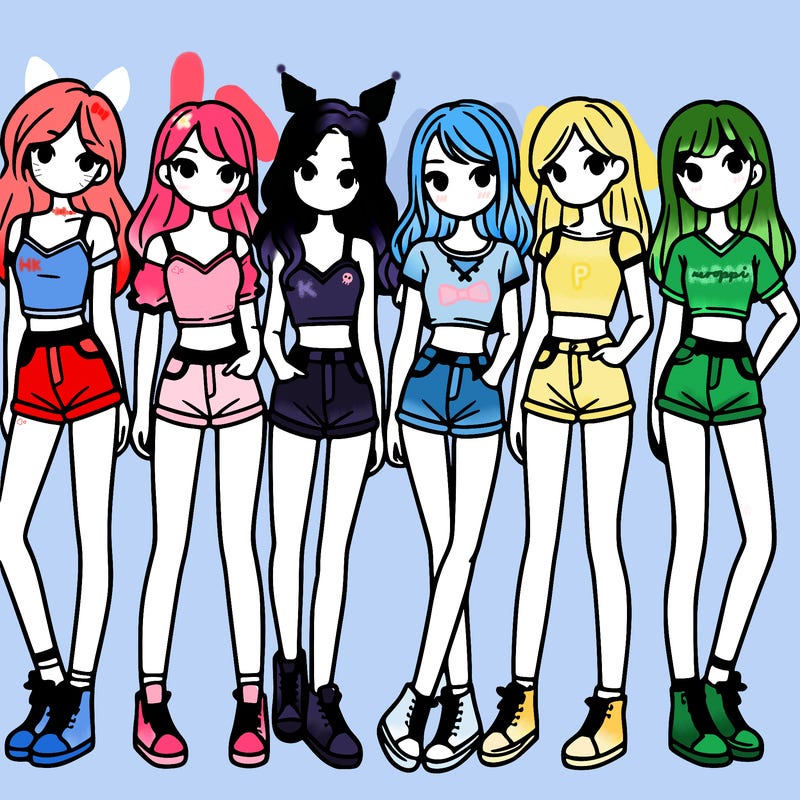 a group of girls wearing crop tops and shorts