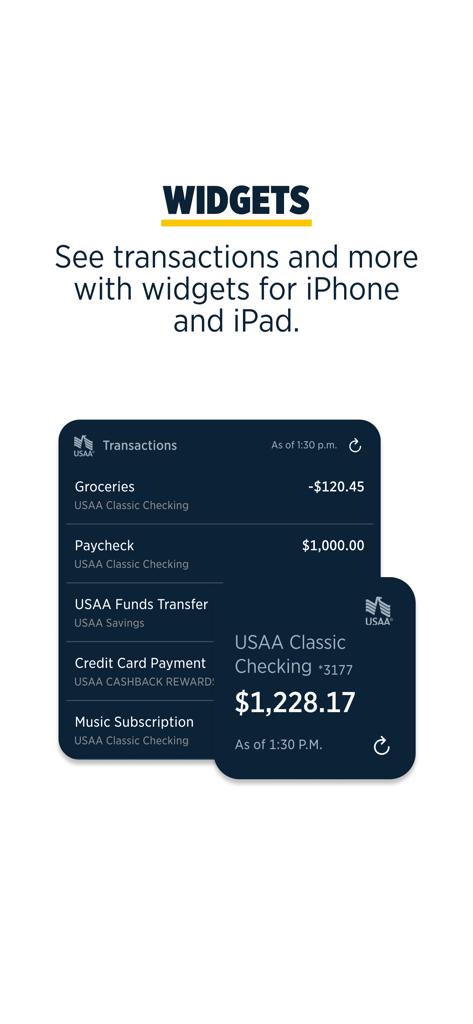 USAA Mobile app widgets displaying recent transactions and account balance information