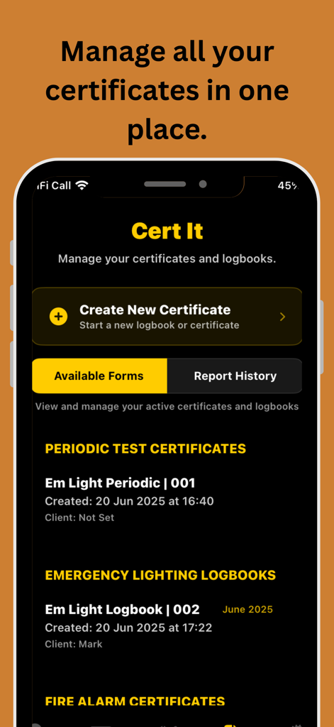 Lux Meter Pros - 조명 인증서 및 로그북 관리를 위한 Lux Meter Pros 앱 대시보드