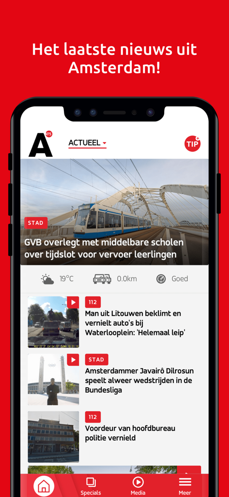 The home screen of the AT5 mobile app displaying local news headlines and stories from Amsterdam in Dutch.