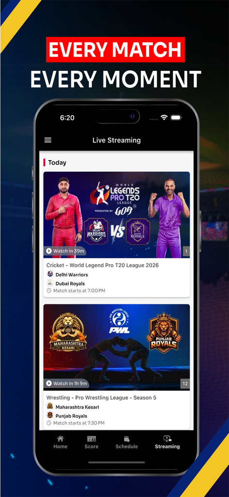 Styxnepal - Styxnepal mobile app interface showing live cricket and wrestling streaming options