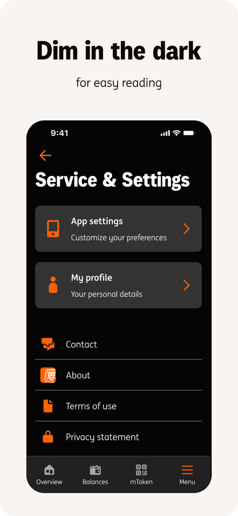 ING InsideBusiness - ING InsideBusiness app service and settings screen displayed in dark mode for comfortable reading.